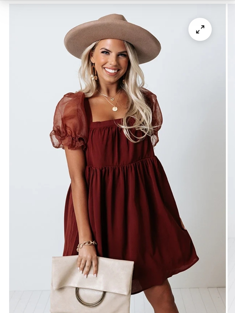 Entro Burgundy Organza Puff Sleeve Babydoll Tiered Mini Dress Medium